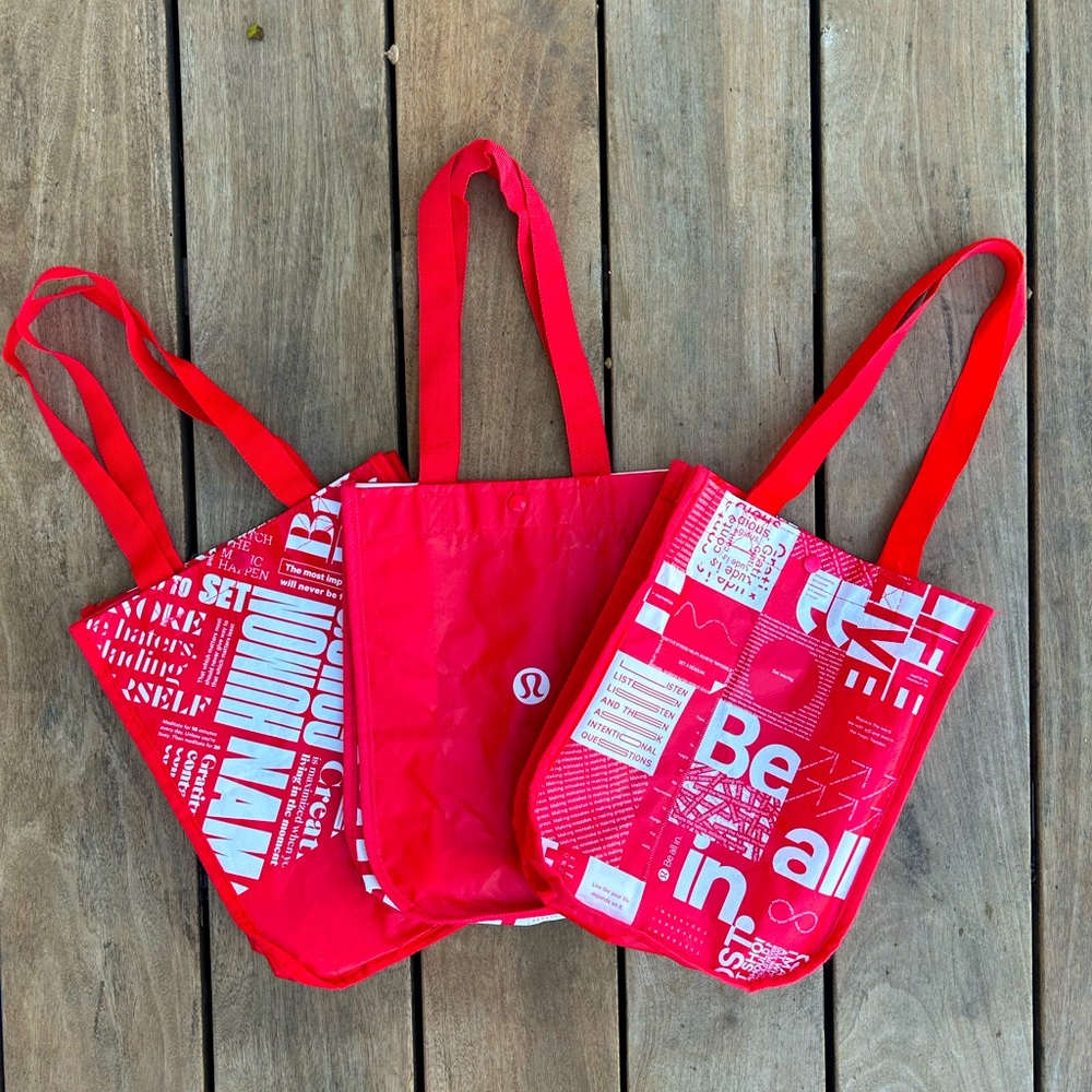 Lululemon Reusable Recyclable Small Tote Bag Bundle Red & White Word Design x3